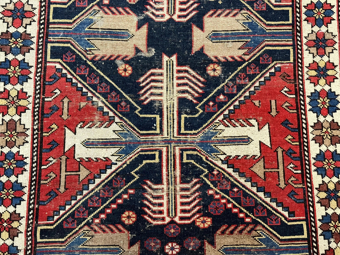 Antique Shirvan Caucasian Rug 3x5, Geometric Pattern, Red Navy Blue Beige - Nuvé