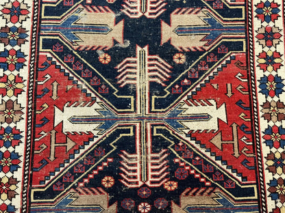 Antique Shirvan Caucasian Rug 3x5, Geometric Pattern, Red Navy Blue Beige - Nuvé