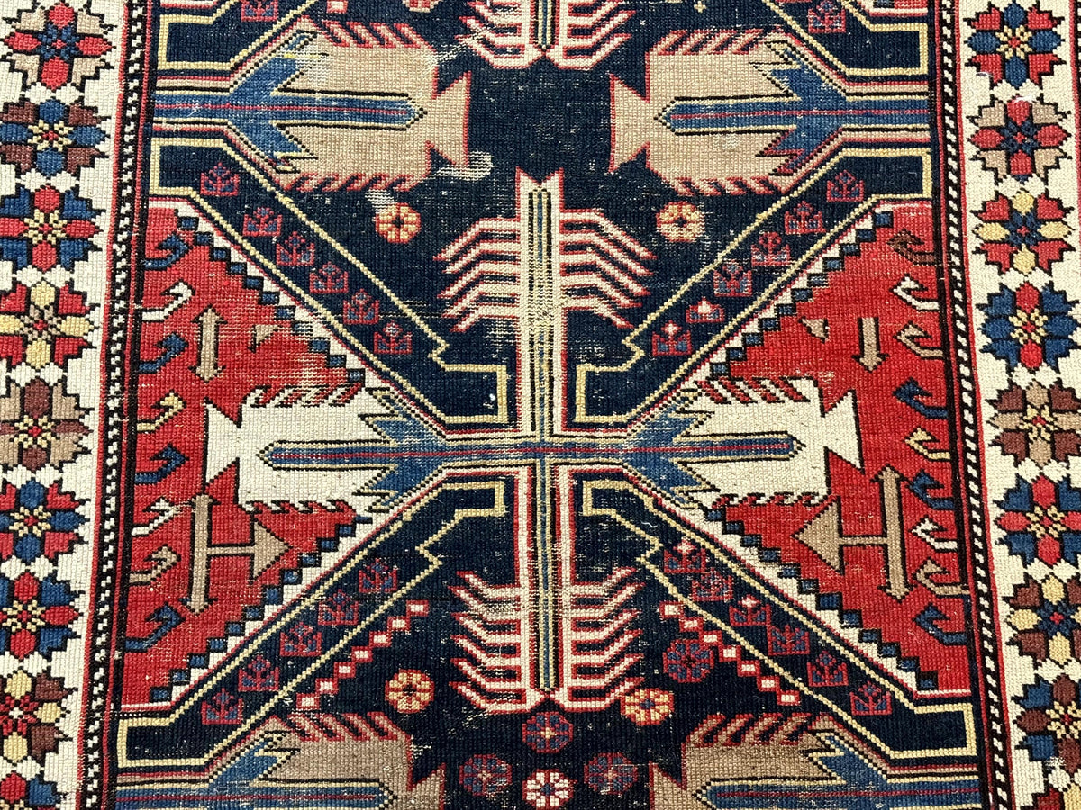 Antique Shirvan Caucasian Rug 3x5, Geometric Pattern, Red Navy Blue Beige