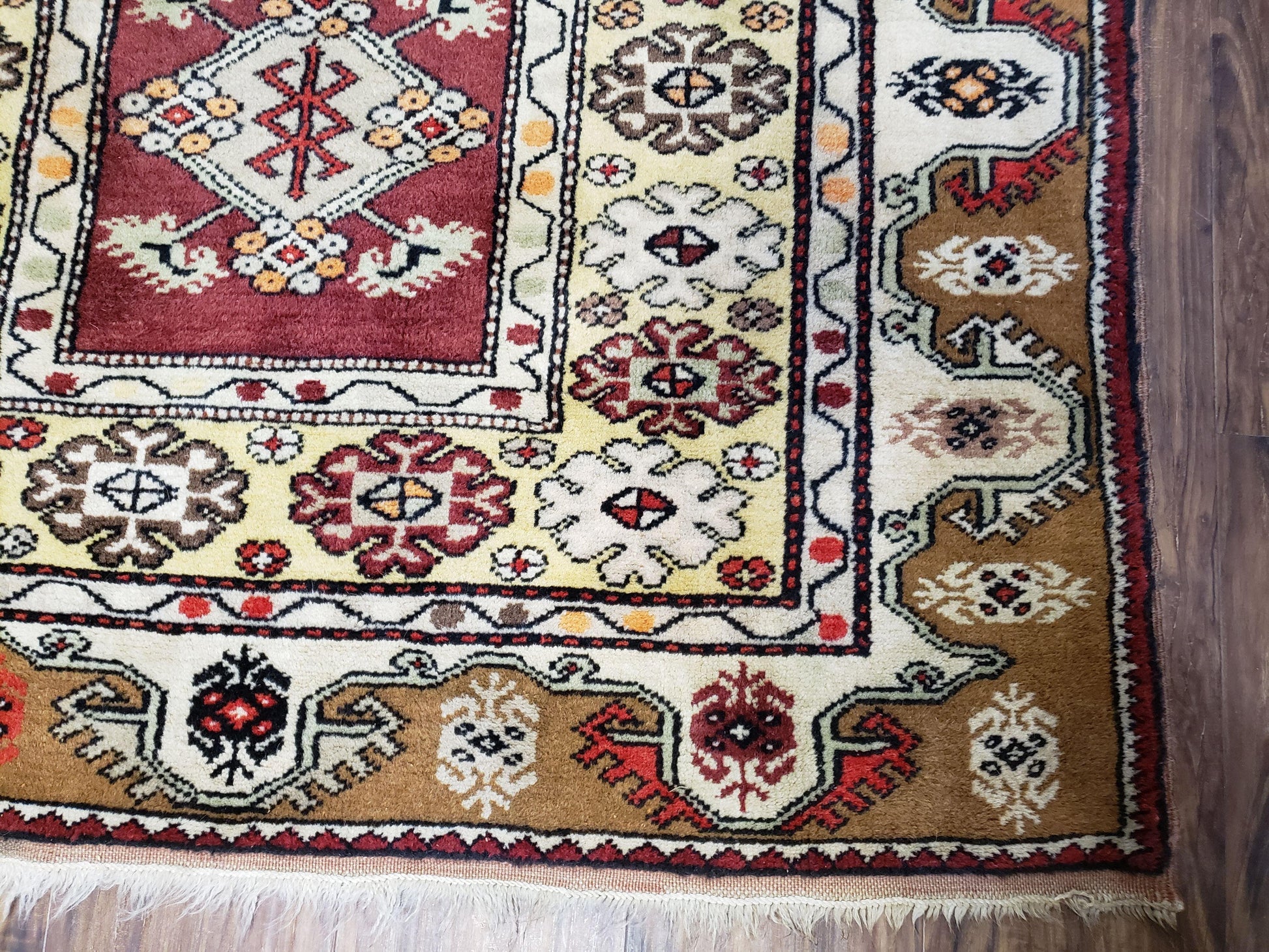 Turkish Caucasian Rug 4x7, Vintage Hand-Knotted Wool Turkish Talish Carpet 4 x 7, Cream, Burnt Orange Carmine Red Area Rug, Bohemian Rug - Nuvé