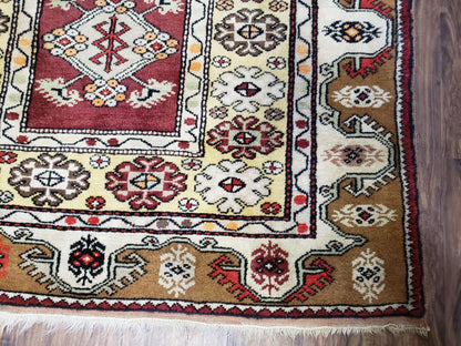Turkish Caucasian Rug 4x7, Vintage Hand-Knotted Wool Turkish Talish Carpet 4 x 7, Cream, Burnt Orange Carmine Red Area Rug, Bohemian Rug - Nuvé