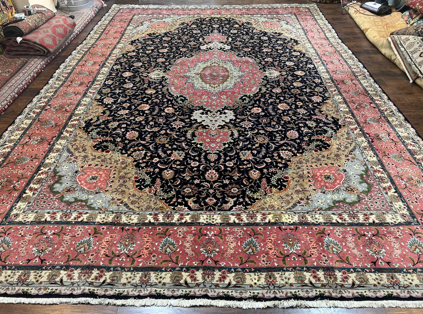 Magnificent Persian Tabriz Rug 11x16, Oversized Persian Carpet 11 x 16 ft, Wool on Silk Finely Hand Knotted, 450 KPSI, Floral Medallion, Black Pink - Nuvé