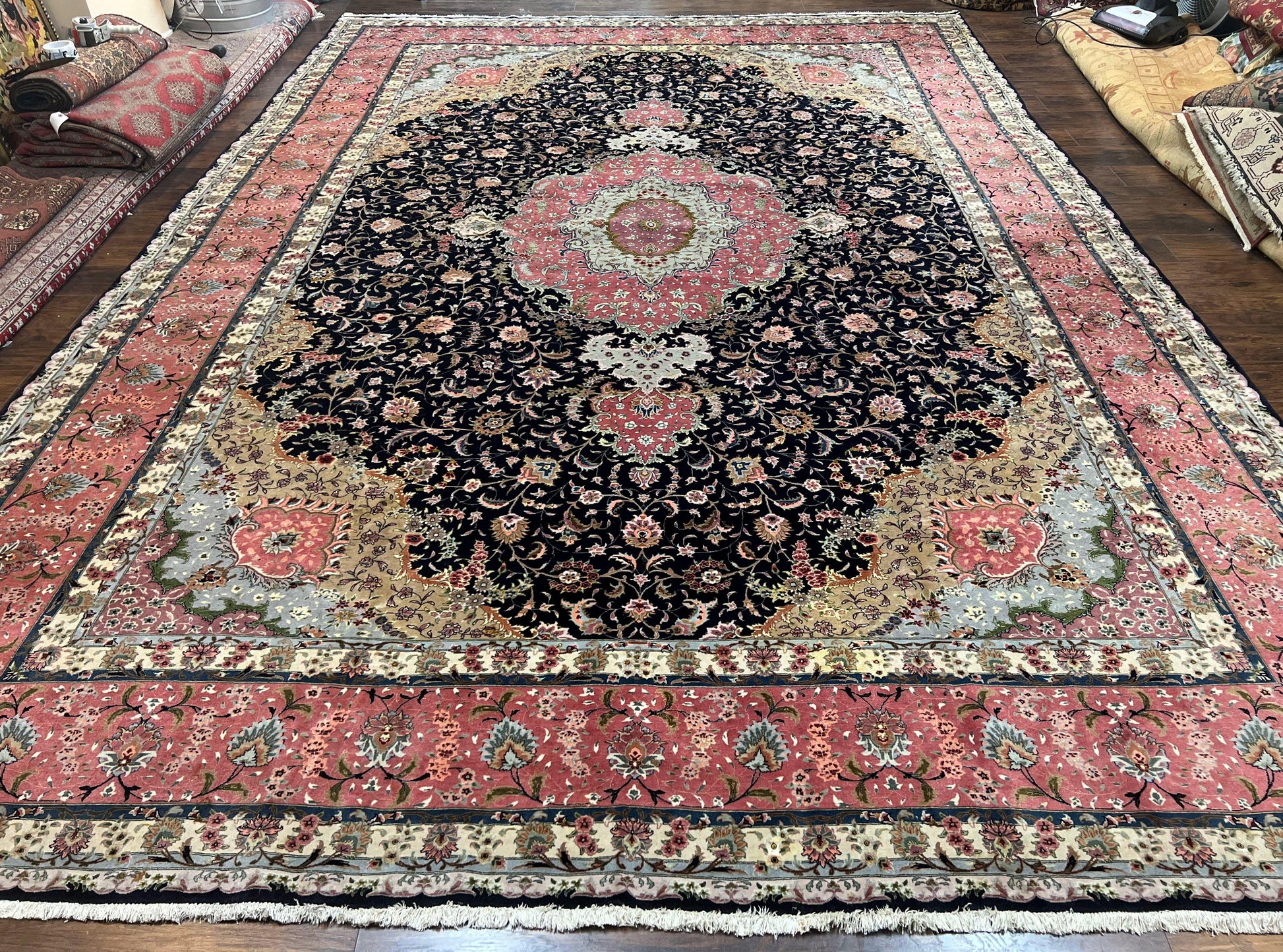 Magnificent Persian Tabriz Rug 11x16, Oversized Persian Carpet 11 x 16 ft, Wool on Silk Finely Hand Knotted, 450 KPSI, Floral Medallion, Black Pink - Nuvé