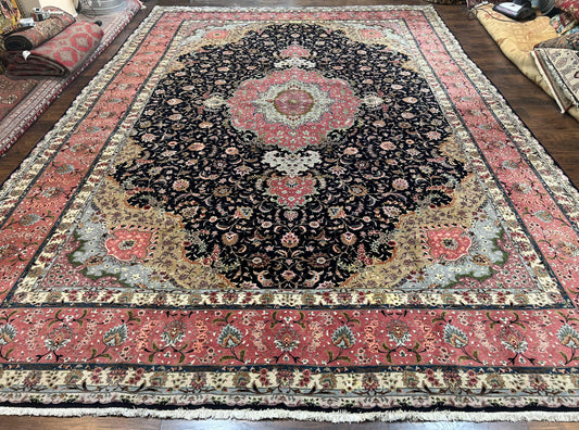 Magnificent Persian Tabriz Rug 11x16, Oversized Persian Carpet 11 x 16 ft, Wool on Silk Finely Hand Knotted, 450 KPSI, Floral Medallion, Black Pink - Nuvé