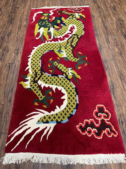 Vintage Chinese Dragon Rug 3 x 6.8, Handmade Hand Knotted Red Chinese Carpet with Gold Dragon, Art Deco Peking Soft Chinese Rug Runner - Nuvé