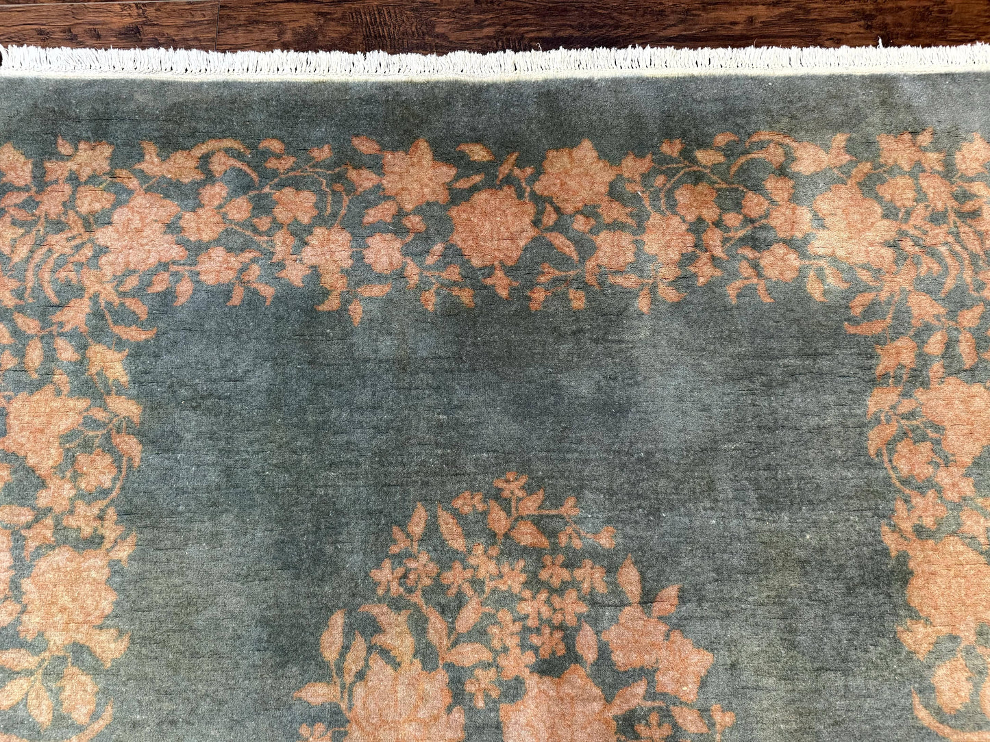 Teal Chinese Wool Rug 6x8, Vintage Handmade Carpet, Floral, Semi Open Field - Nuvé