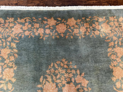 Teal Chinese Wool Rug 6x8, Vintage Handmade Carpet, Floral, Semi Open Field - Nuvé