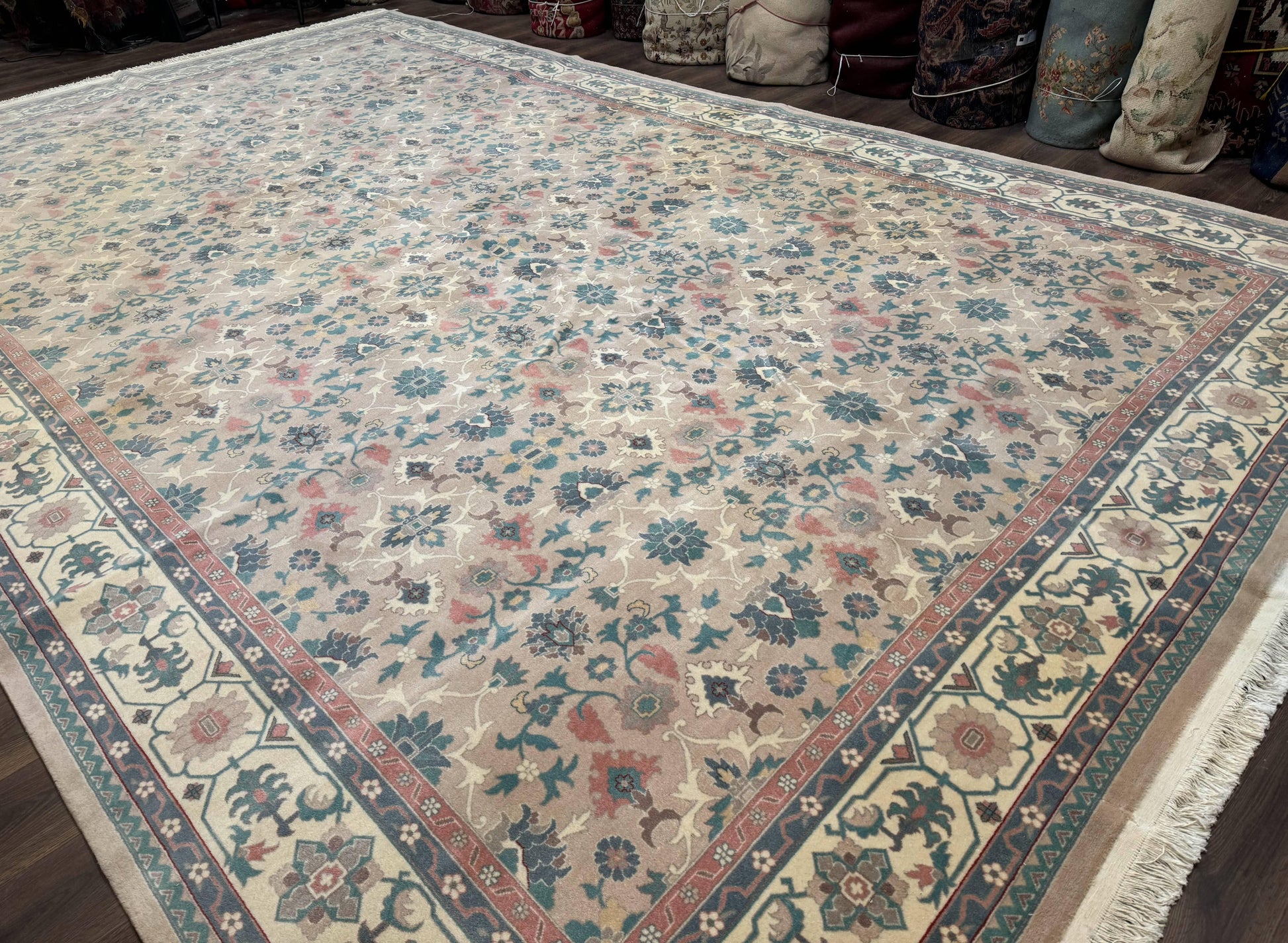 Palace Size Wool Rug 10x18, Sino Persian Kerman Rug, Oversized Hand Knotted Carpet, Light Taupe, Allover Pattern - Nuvé