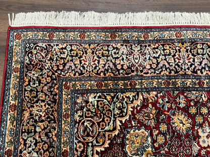 Indian Kashmiri Silk Rug 6x9, Red and Navy Blue, Floral Medallion, Fine 275 KPSI - Nuvé