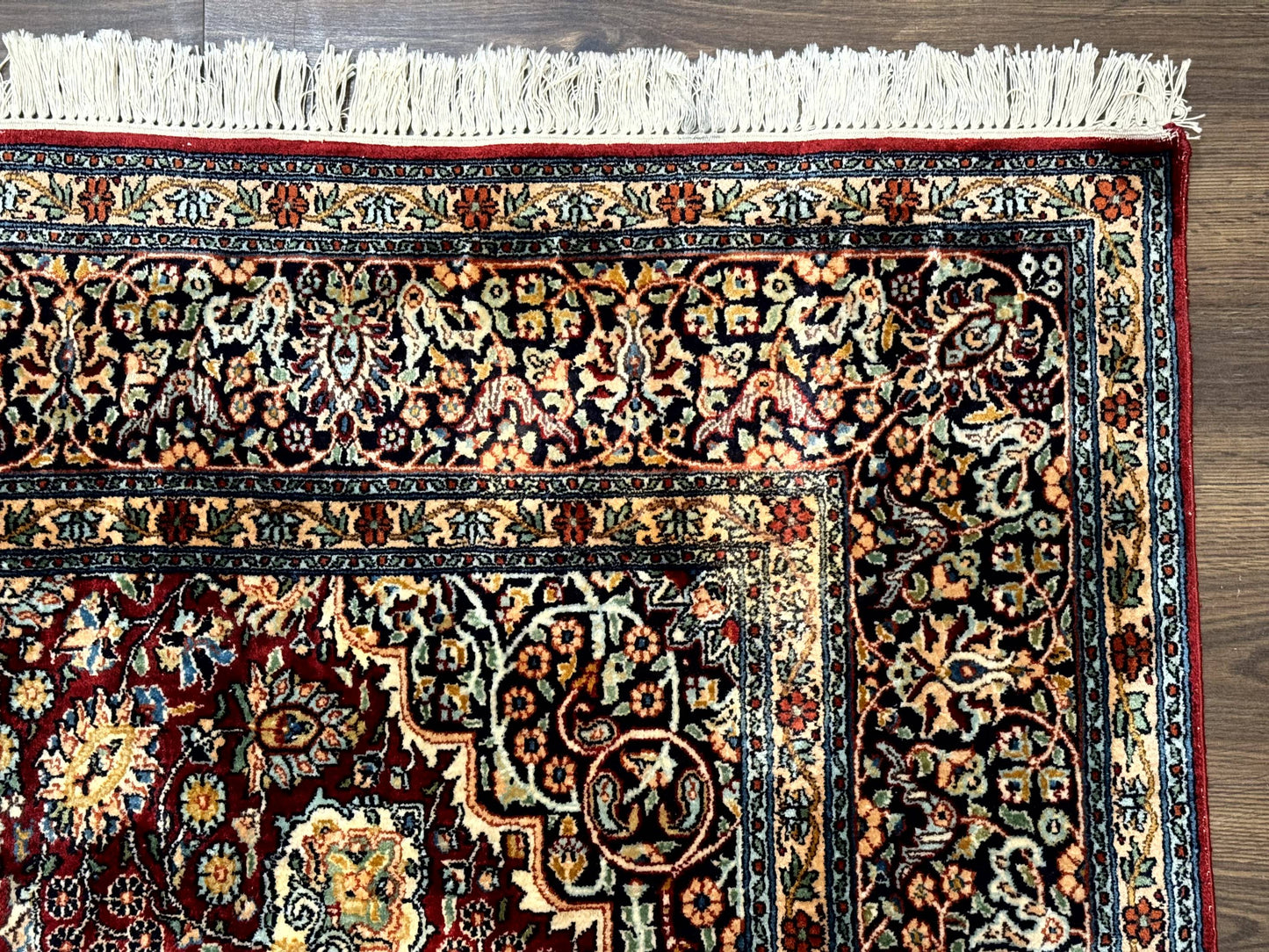 Indian Kashmiri Silk Rug 6x9, Red and Navy Blue, Floral Medallion, Fine 275 KPSI - Nuvé
