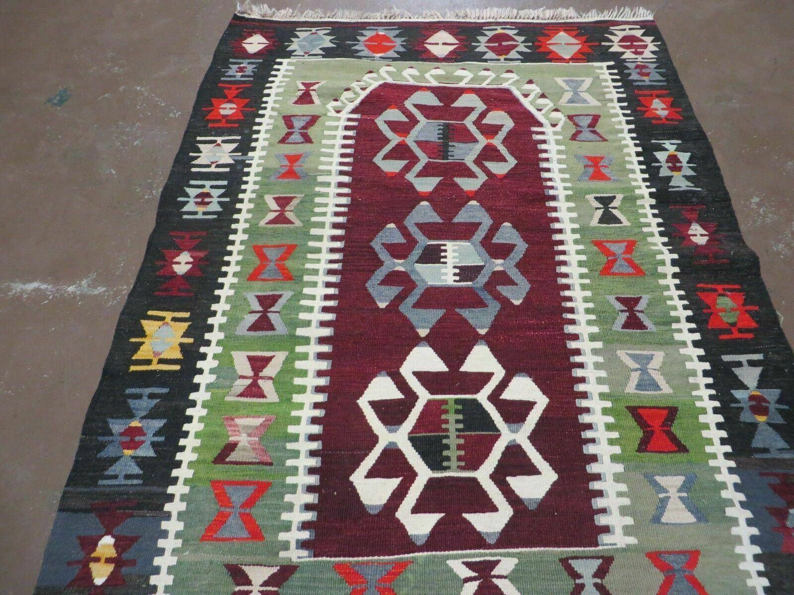 3' 8" X 5' Vintage Turkish Kilim Handmade Flat Weave Wool Rug Veg Dyes - Nuvé
