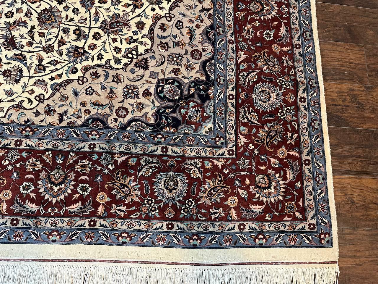 Sino Persian Rug 9x12, Vintage Wool Oriental Carpet, Floral Medallion, Wool Rug, Cream and Maroon - Nuvé