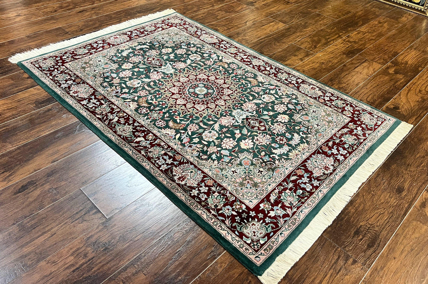 Pak Persian Rug 4x6, Wool Hand Knotted Vintage Carpet, Dark Green, Floral Medallion, Fine Oriental Rug - Nuvé