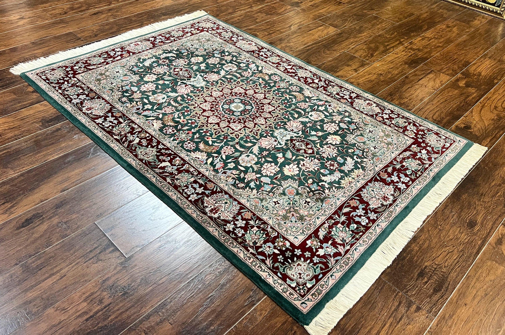 Pak Persian Rug 4x6, Wool Hand Knotted Vintage Carpet, Dark Green, Floral Medallion, Fine Oriental Rug - Nuvé