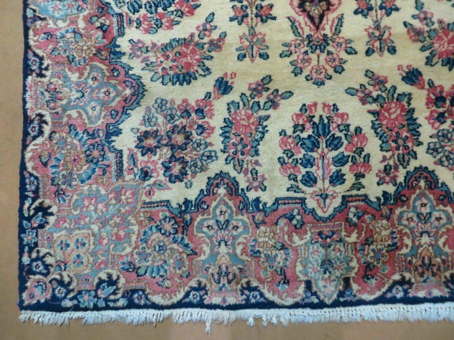 Antique Persian Kirman Rug 3.9 x 6.6, Floral Oriental Carpet, Ivory/Cream - Blue - Pink, Hand Knotted Wool Rug, Floral Medallion Rug 4x6 - Nuvé
