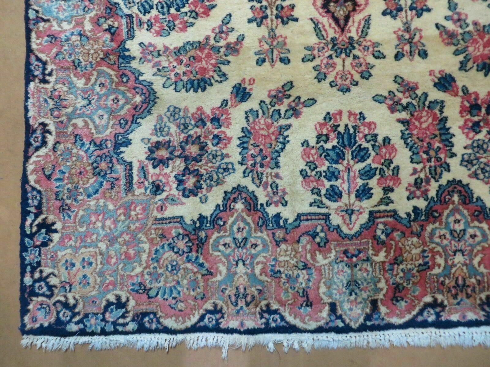 Antique Persian Kirman Rug 3.9 x 6.6, Floral Oriental Carpet, Ivory/Cream - Blue - Pink, Hand Knotted Wool Rug, Floral Medallion Rug 4x6 - Nuvé