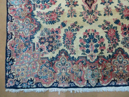 Antique Persian Kirman Rug 3.9 x 6.6, Floral Oriental Carpet, Ivory/Cream - Blue - Pink, Hand Knotted Wool Rug, Floral Medallion Rug 4x6 - Nuvé