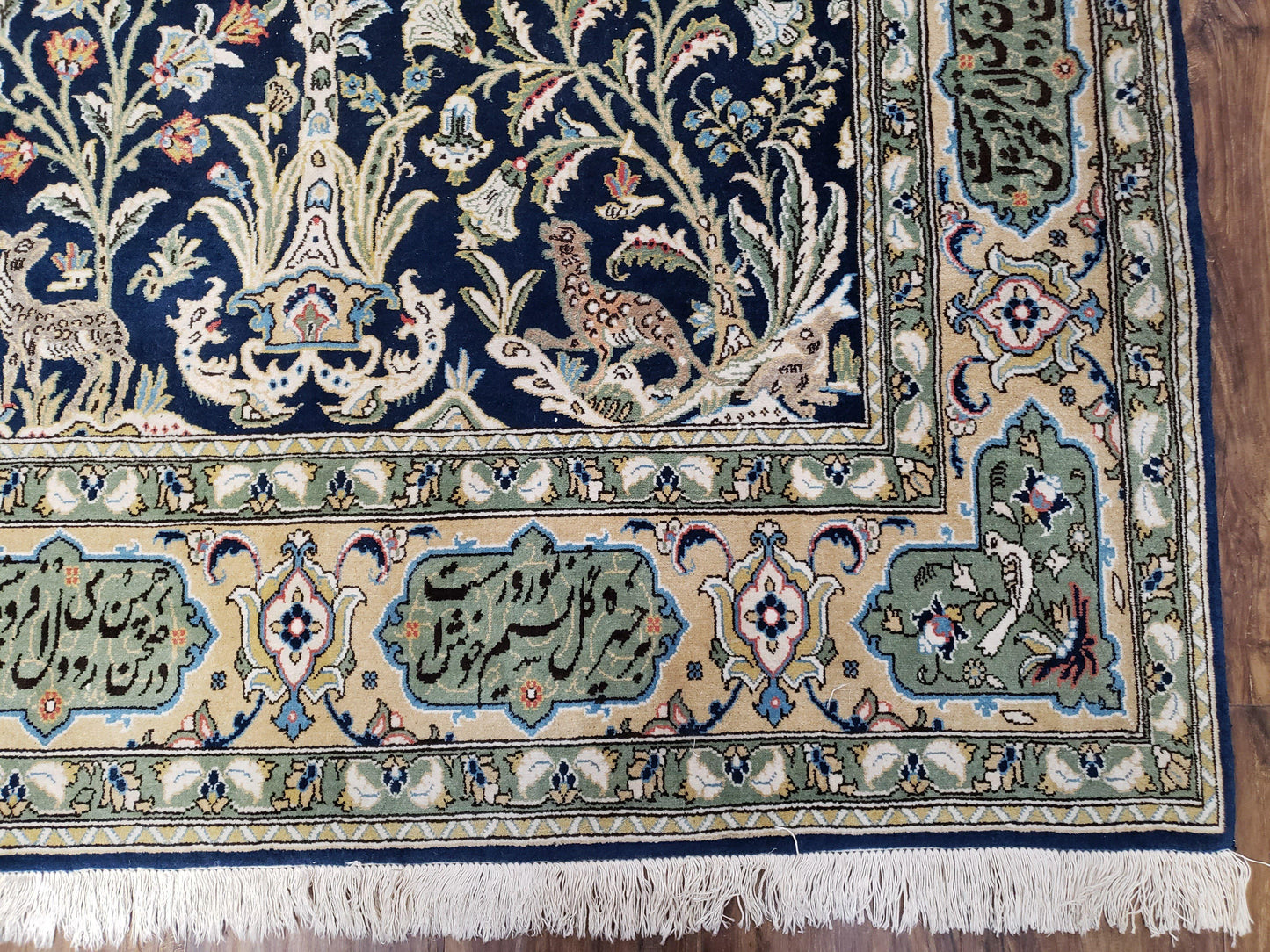 Semi Antique Persian Qum Tree of Life Rug, Hand-Knotted, Wool, Midnight Blue and Tan, Animal Pictorials, Written Poem in Borders, 4' 8" x 7' 8" - Nuvé