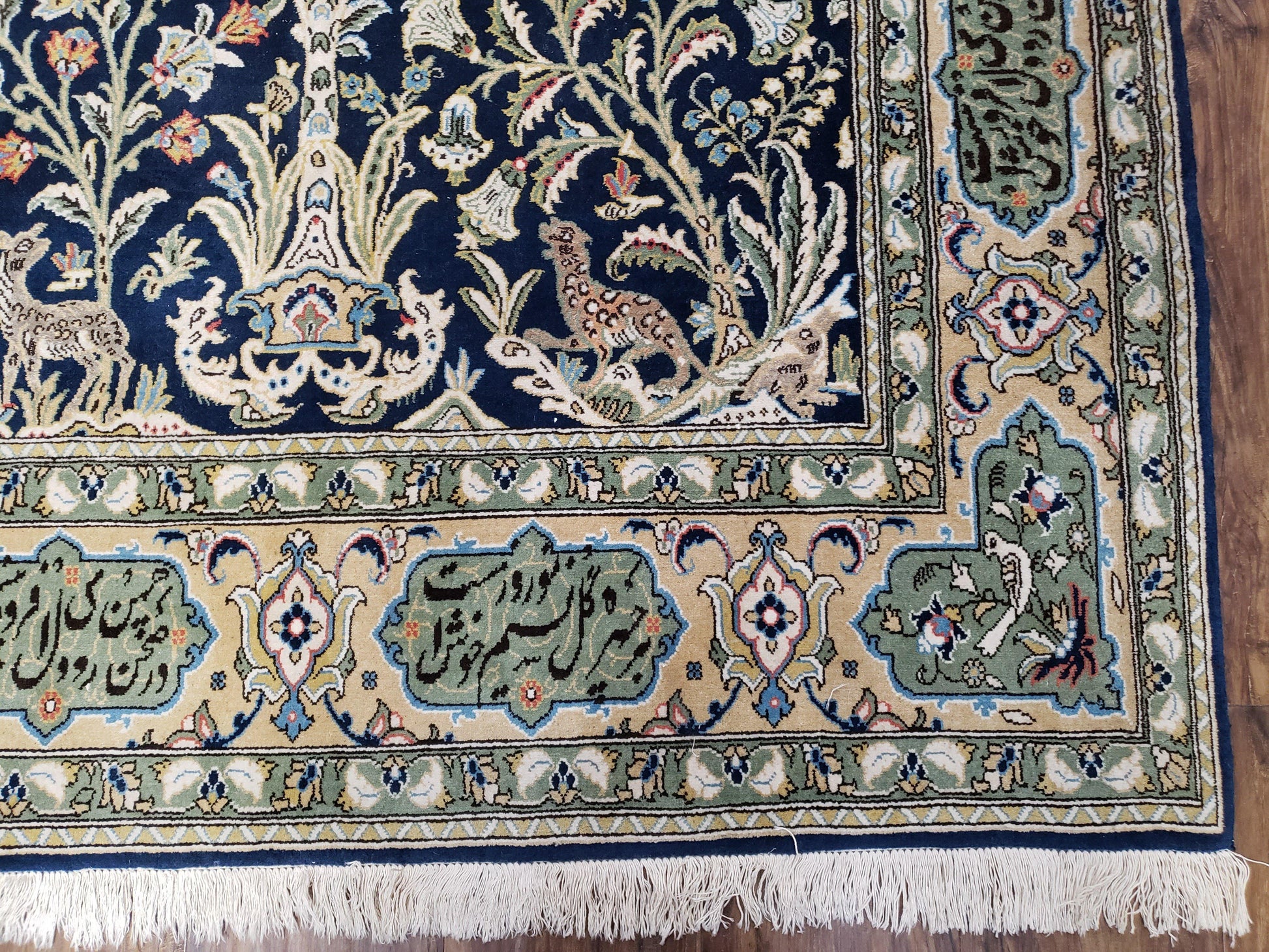 Semi Antique Persian Qum Tree of Life Rug, Hand-Knotted, Wool, Midnight Blue and Tan, Animal Pictorials, Written Poem in Borders, 4' 8" x 7' 8" - Nuvé