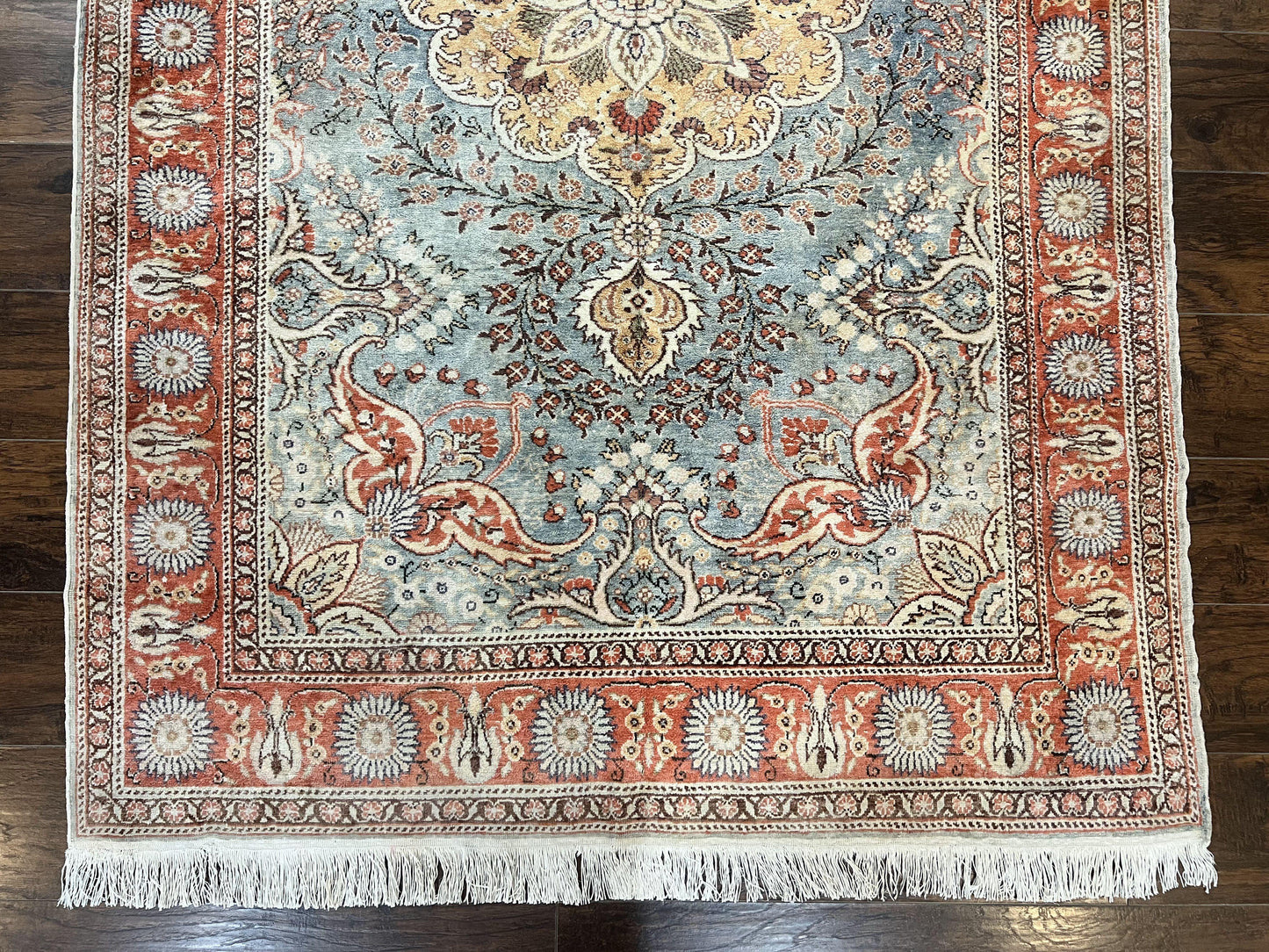Silk Turkish Rug 5x7, Light Blue Silk Carpet, Floral Medallion, Turkish Kayseri Rug, Vintage Handmade Oriental Rug - Nuvé