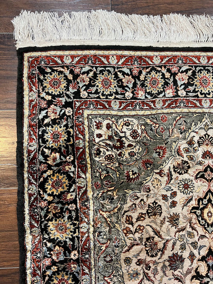 Silk Sino Persian Rug 3x5, Floral Medallion, Hand Knotted Silk Pile Silk Foundation, Traditional Silk Handmade Oriental Carpet, Cream Black - Nuvé