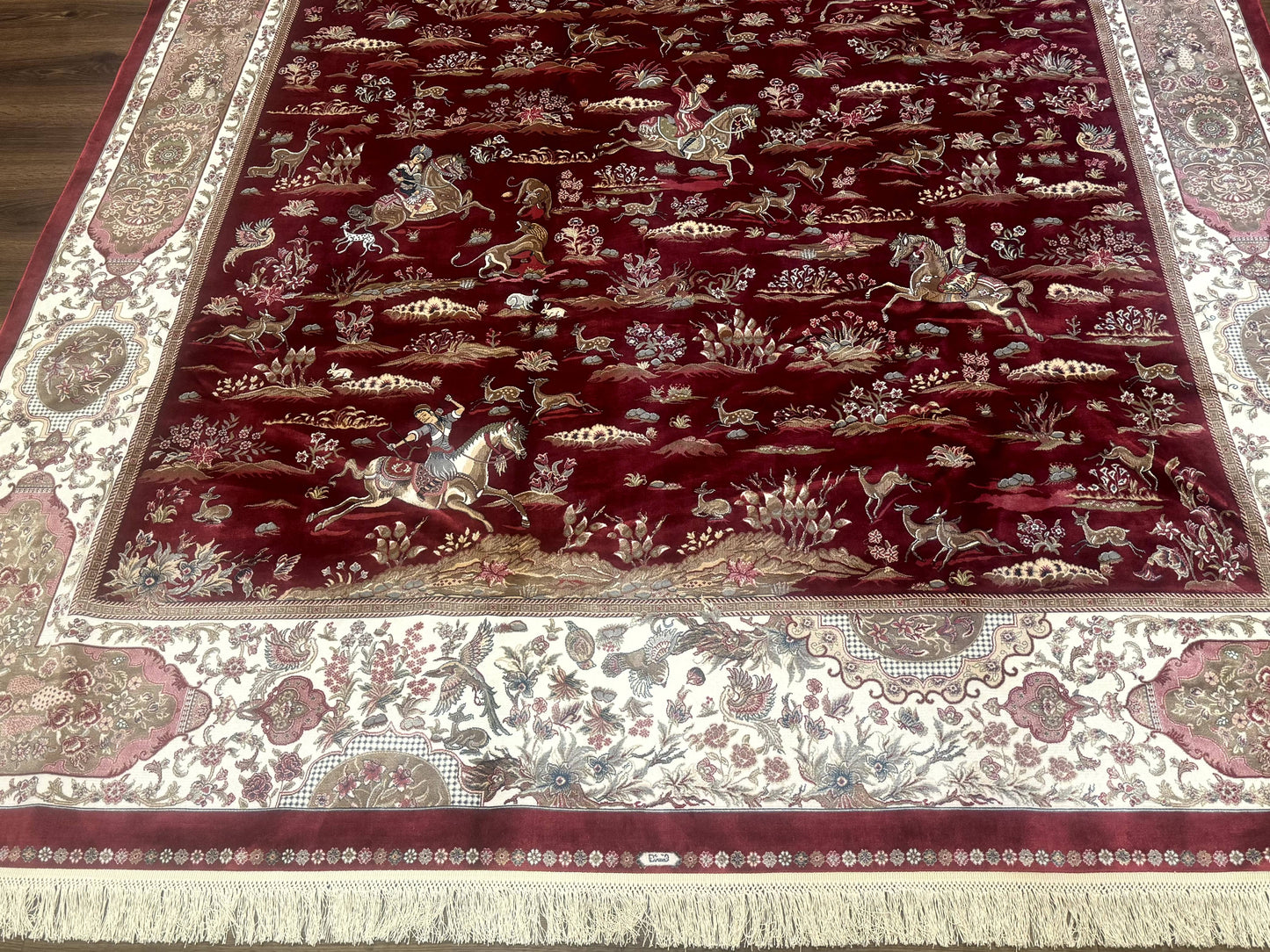 Turkish Silk Rug 8x10, Red & Ivory, Hunting Design, Bamboo Silk, New - Nuvé