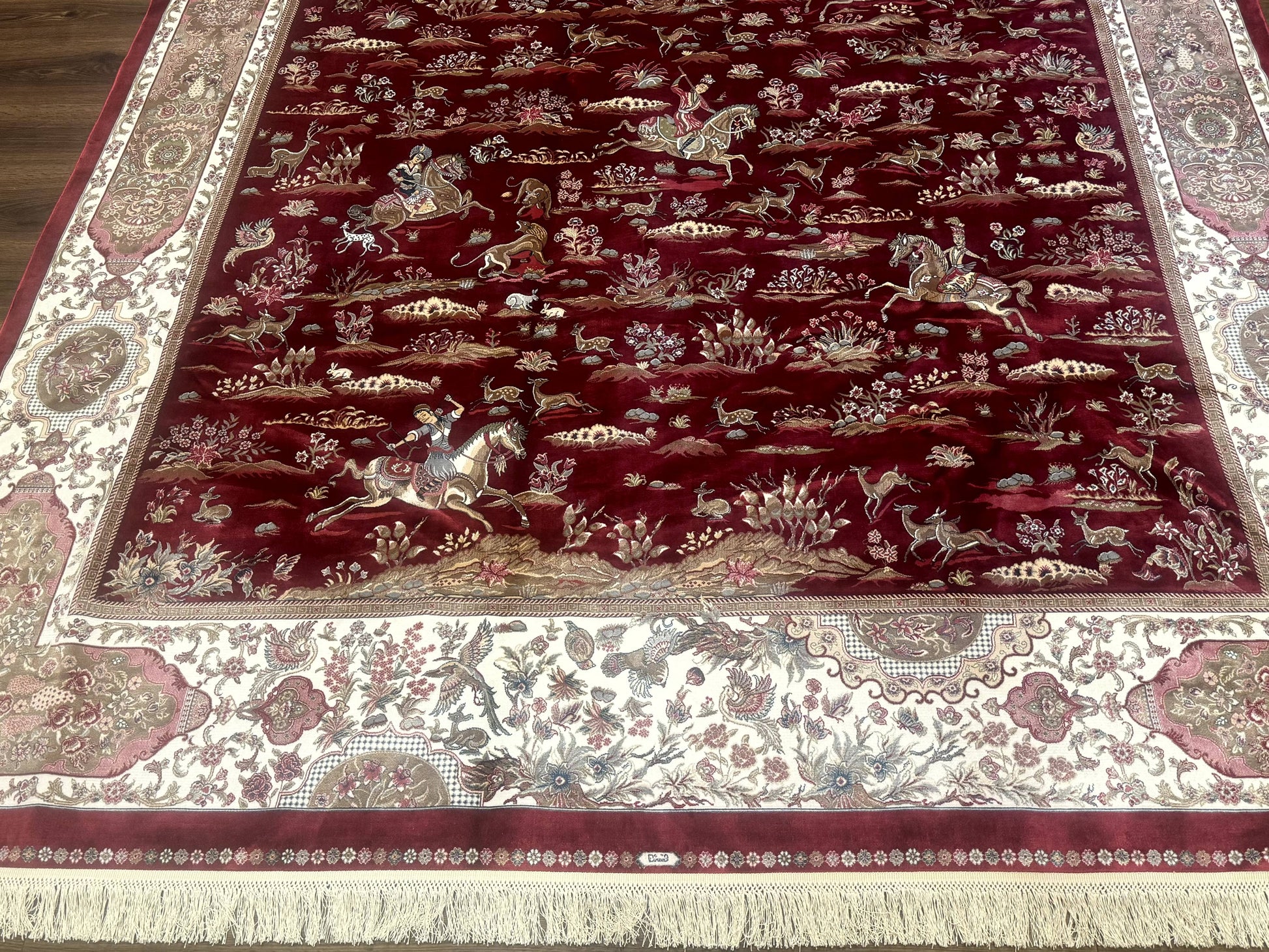 Turkish Silk Rug 8x10, Red & Ivory, Hunting Design, Bamboo Silk, New - Nuvé