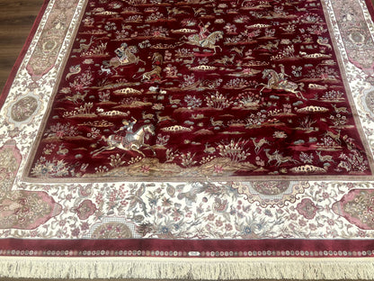 Turkish Silk Rug 8x10, Red & Ivory, Hunting Design, Bamboo Silk, New - Nuvé