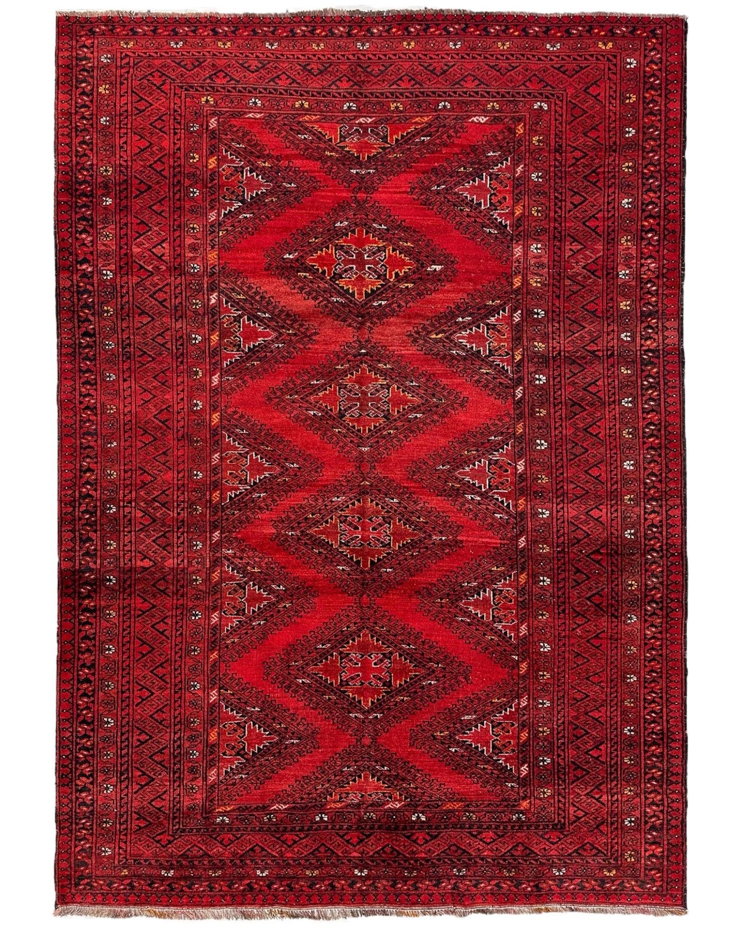 Hand-Knotted Afghan Turkoman Waziri Wool Rug – 6'9" x 9'6" – Vintage Red Elegance - Nuvé