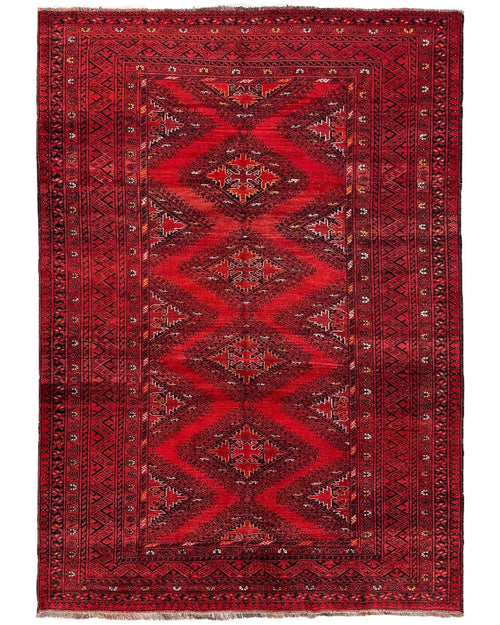 Hand-Knotted Afghan Turkoman Waziri Wool Rug – 6'9" x 9'6" – Vintage Red Elegance - Nuvé