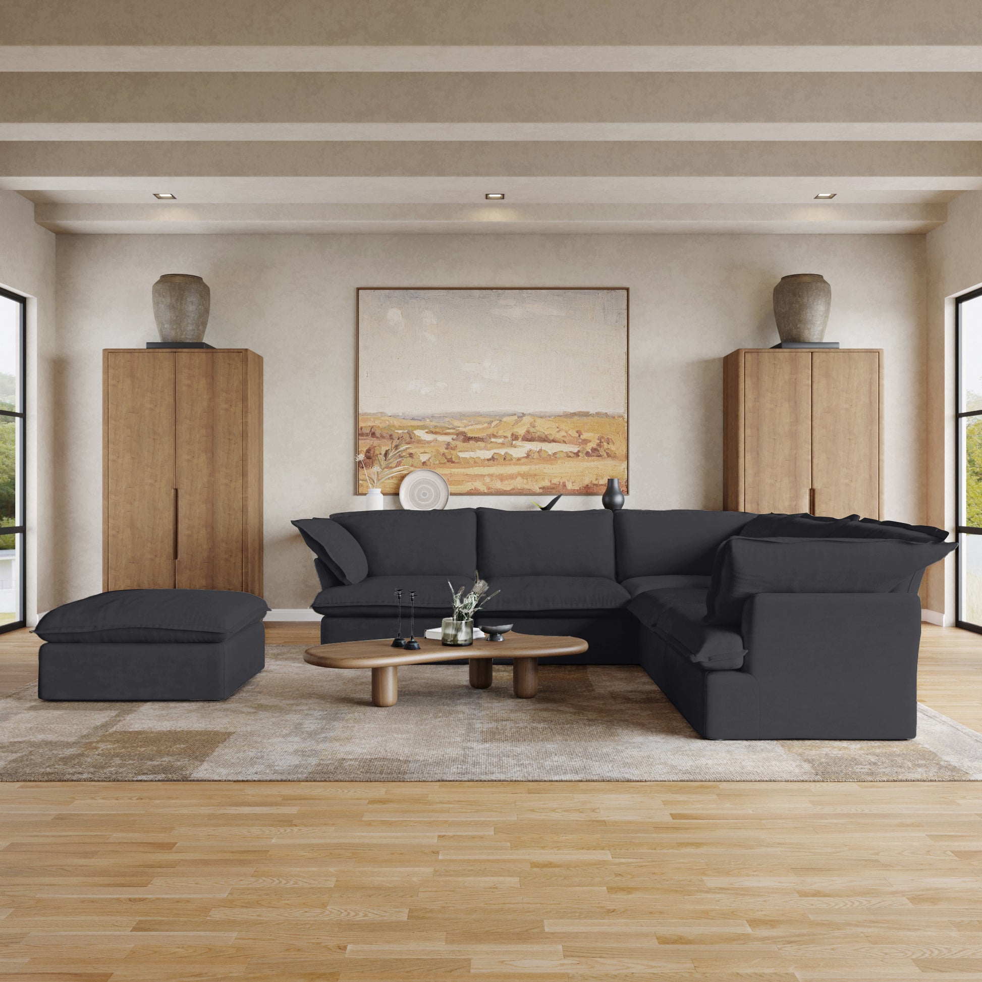 Sabi Modular Boucle Cloud Sofa - Obsidian Black - 5-Seater Sectional Sofa with Ottoman - Nuvé