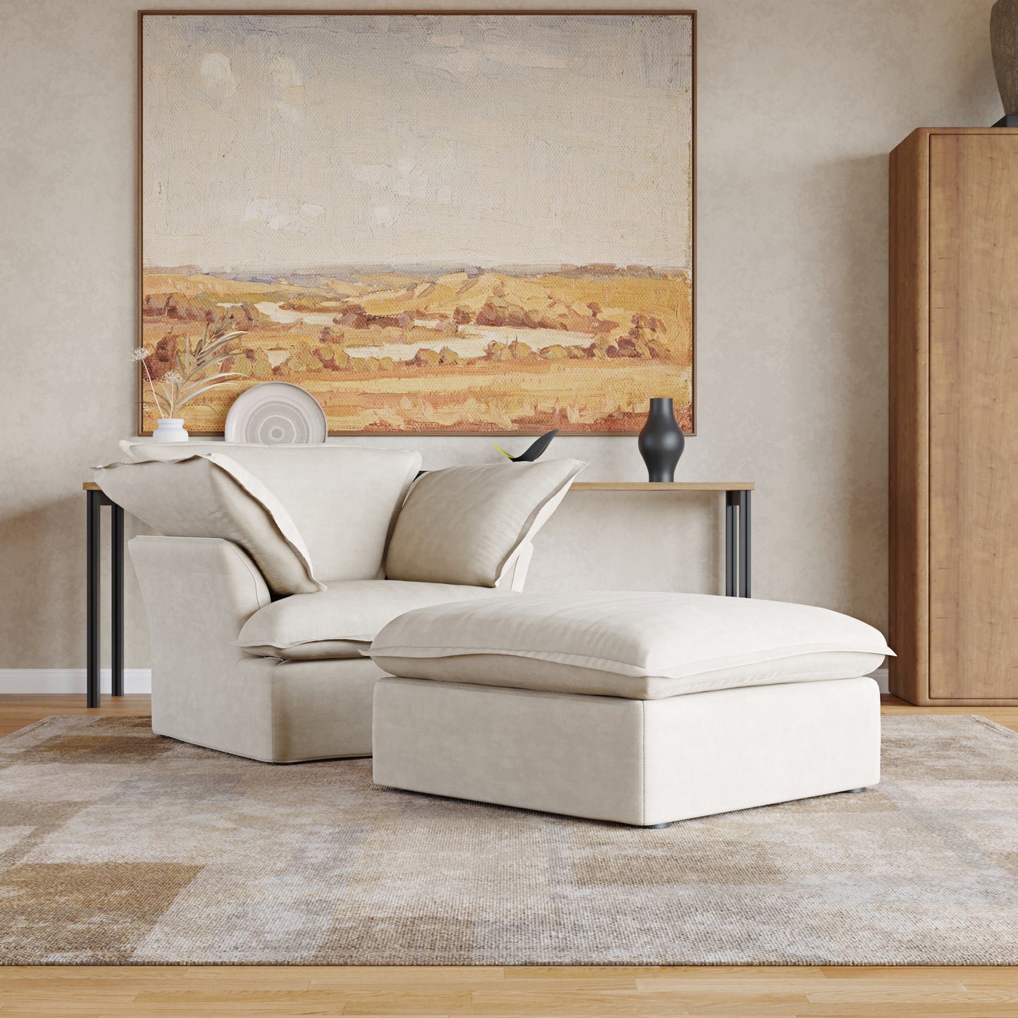 Sabi Modular Boucle Cloud Sofa- Beige - Single Seater Sofa with Ottoman - Nuvé
