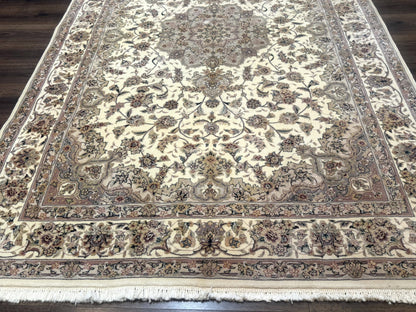 Sino Persian Rug 6x9, Floral Medallion, Ivory & Taupe, Wool with Silk Highlights, Fine 210 KPSI - Nuvé