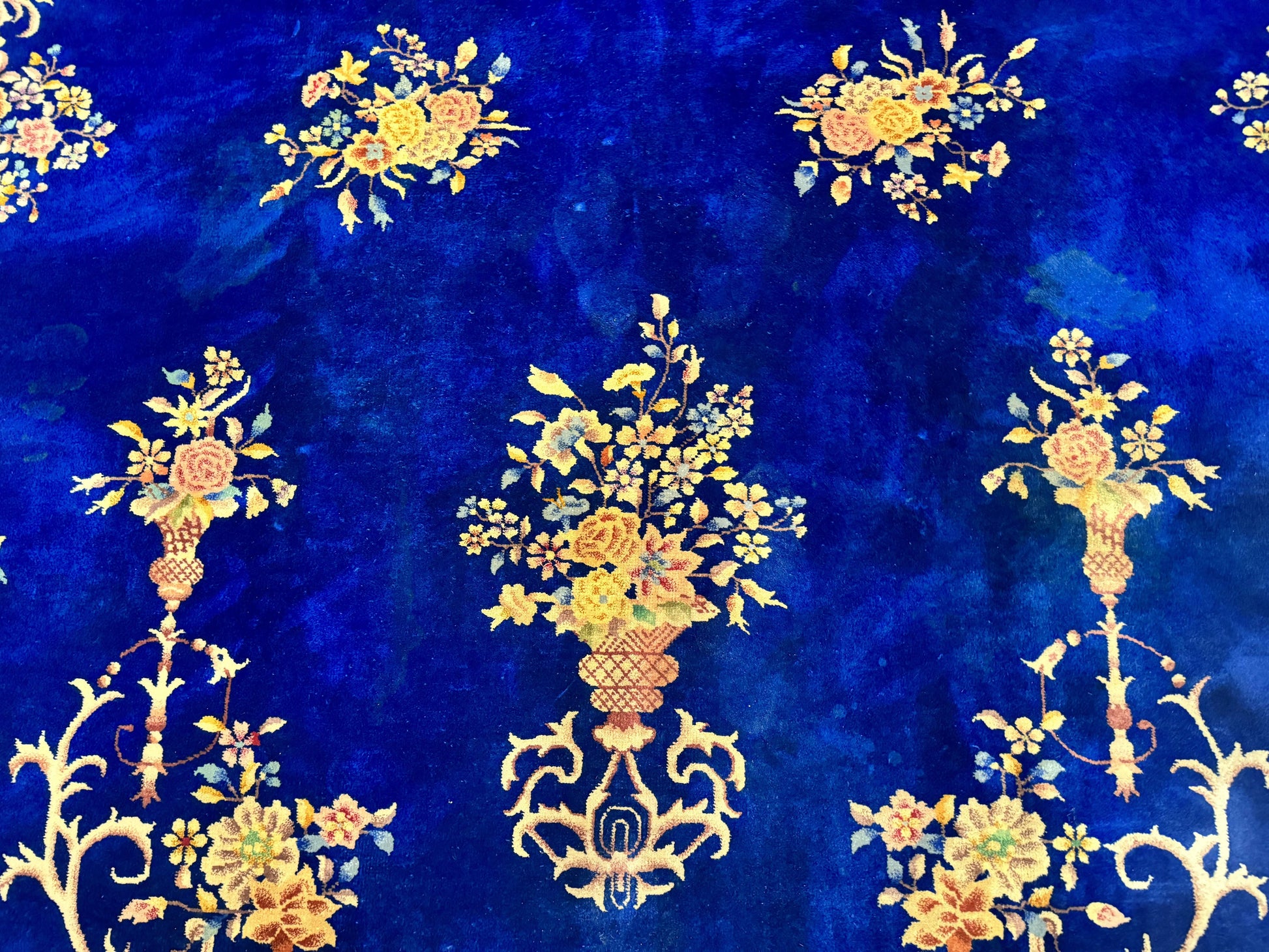 Blue Chinese Art Deco Rug 9x12, Vintage Antique Chinese Wool Rug, Chinese Fette Rug - Nuvé