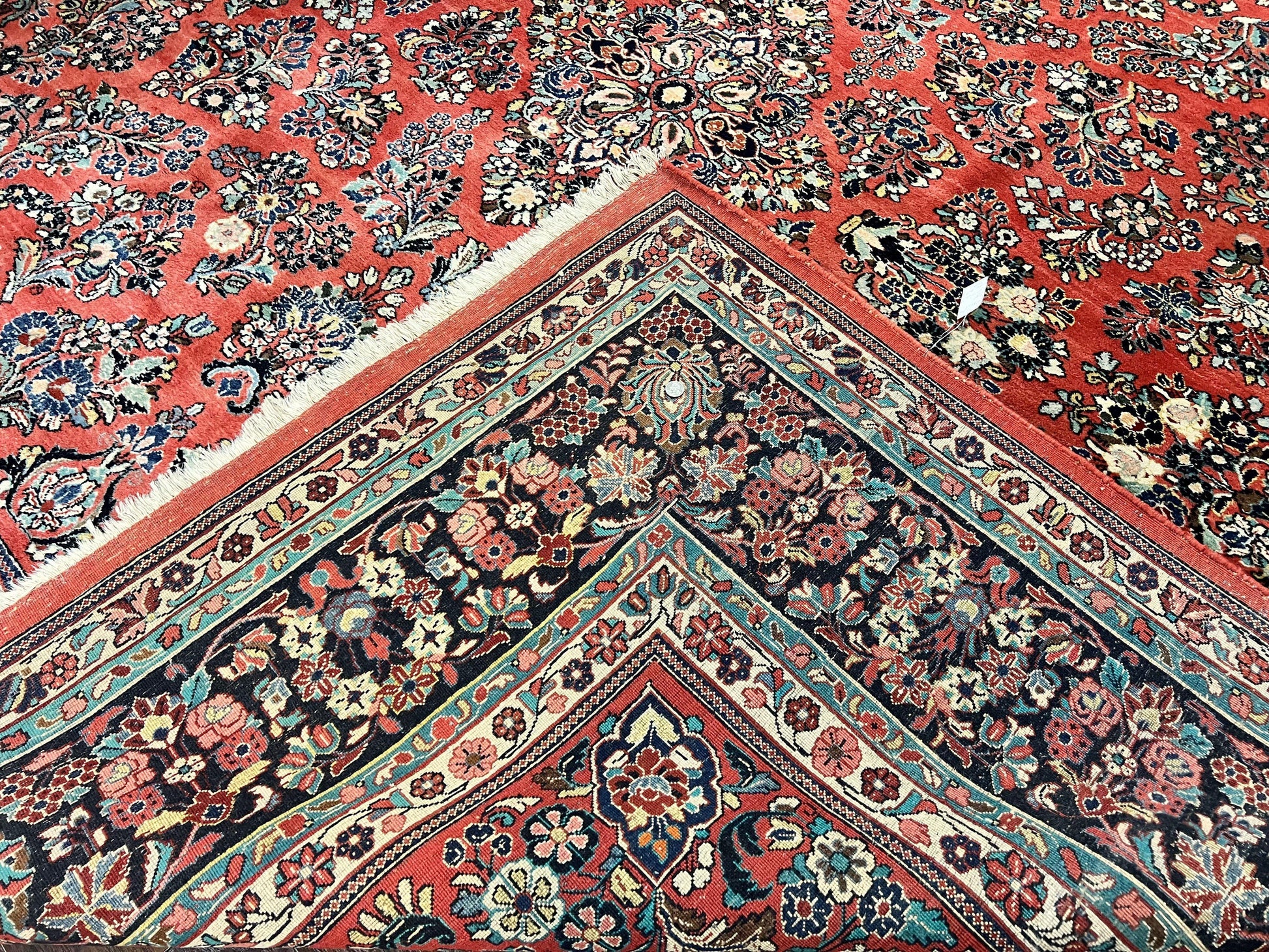 Square Persian Sarouk Rug 11x11 ft, Rare Size, Hand Knotted Wool Floral Allover Red Persian Carpet, Handmade Antique Rug - Nuvé
