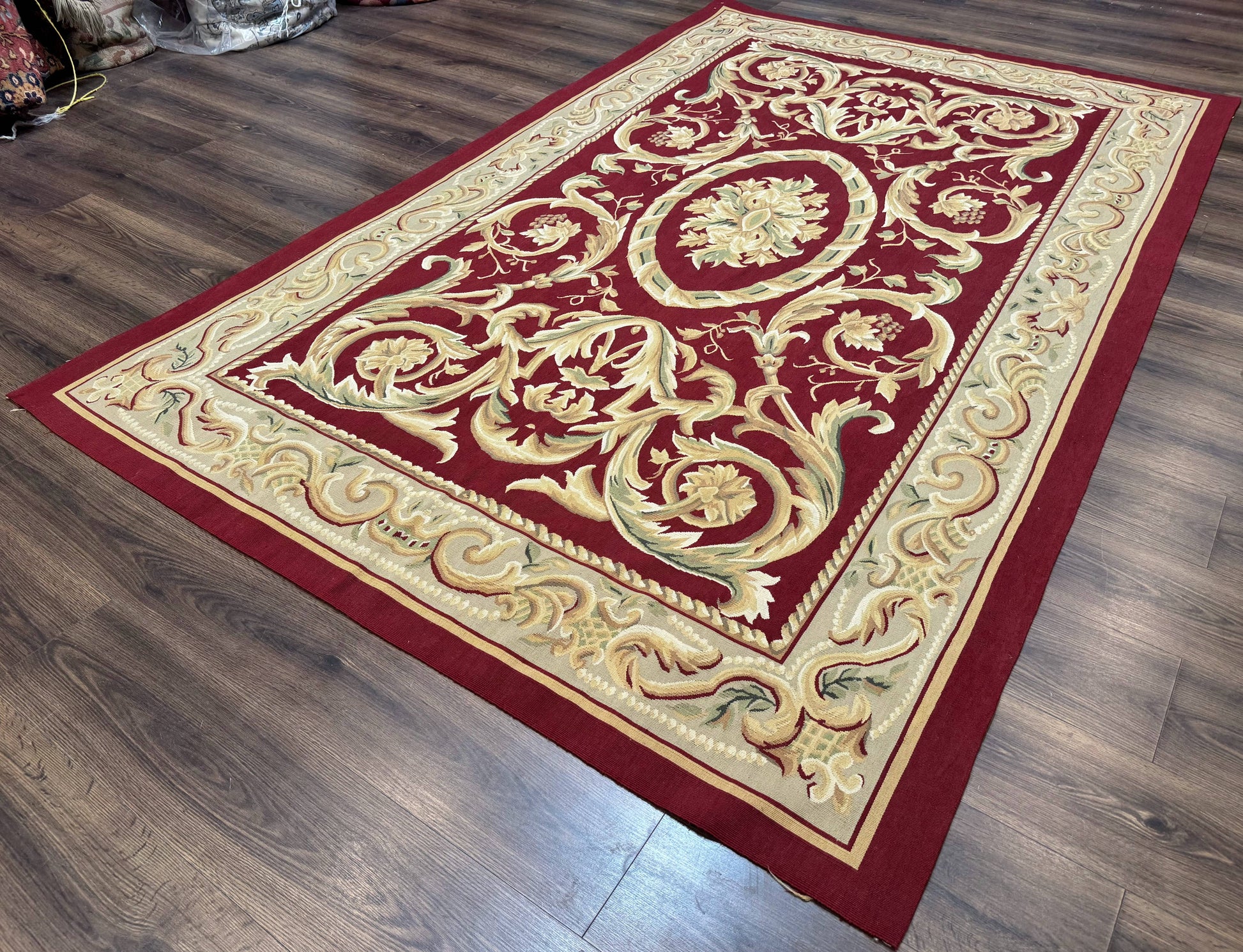 Burgundy Aubusson Rug 6x9, Vintage Wool Carpet - Nuvé