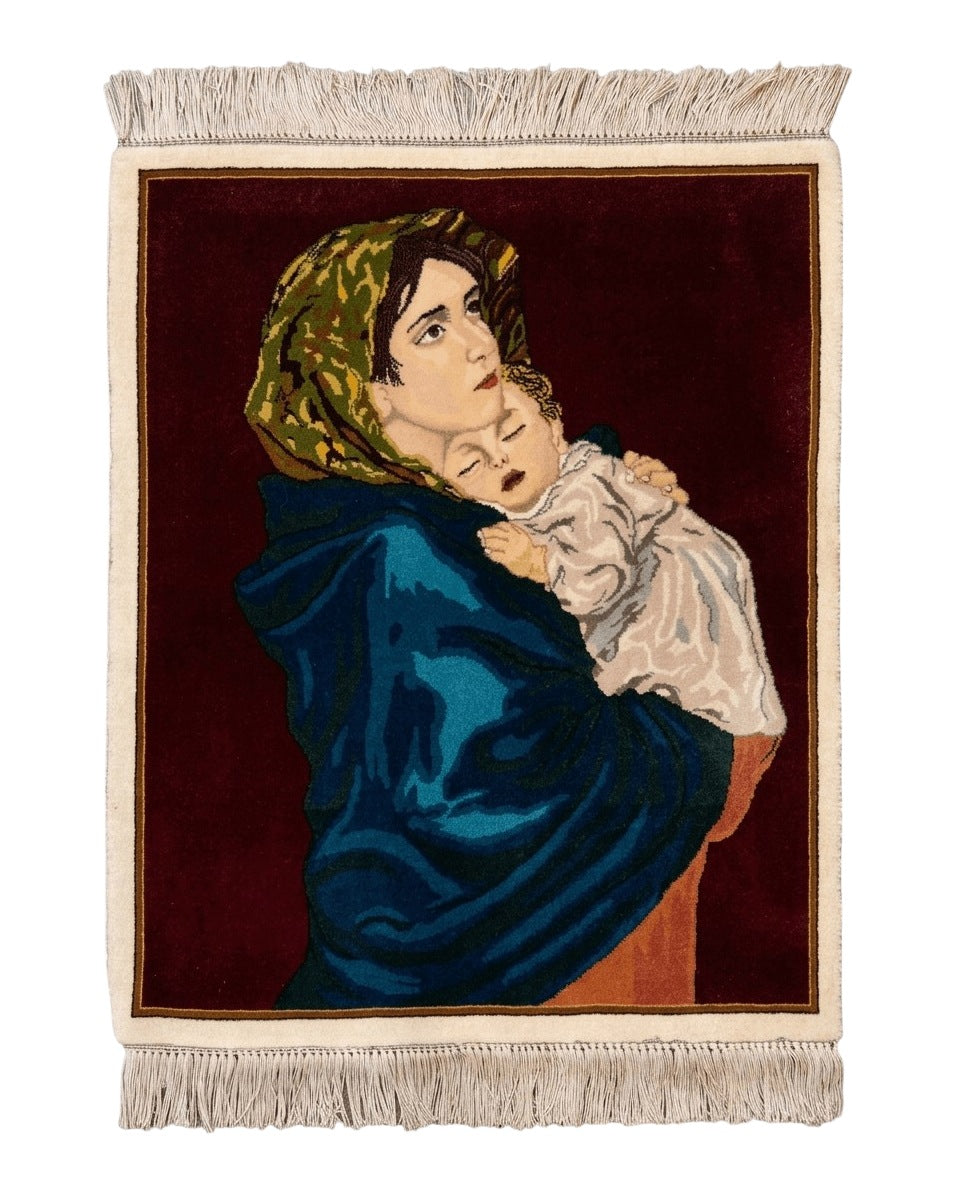 Small Persian Tabriz Pictorial Rug 2x2, Mother Holding Child, Very Fine 340 KPSI, Maroon