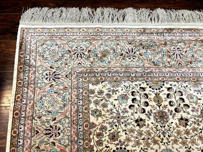 Wonderful Silk Hereke Rug 8x12, Silk Pile on Silk Foundation, Ivory/Cream, Floral Pattern, Handmade, Vintage - Nuvé