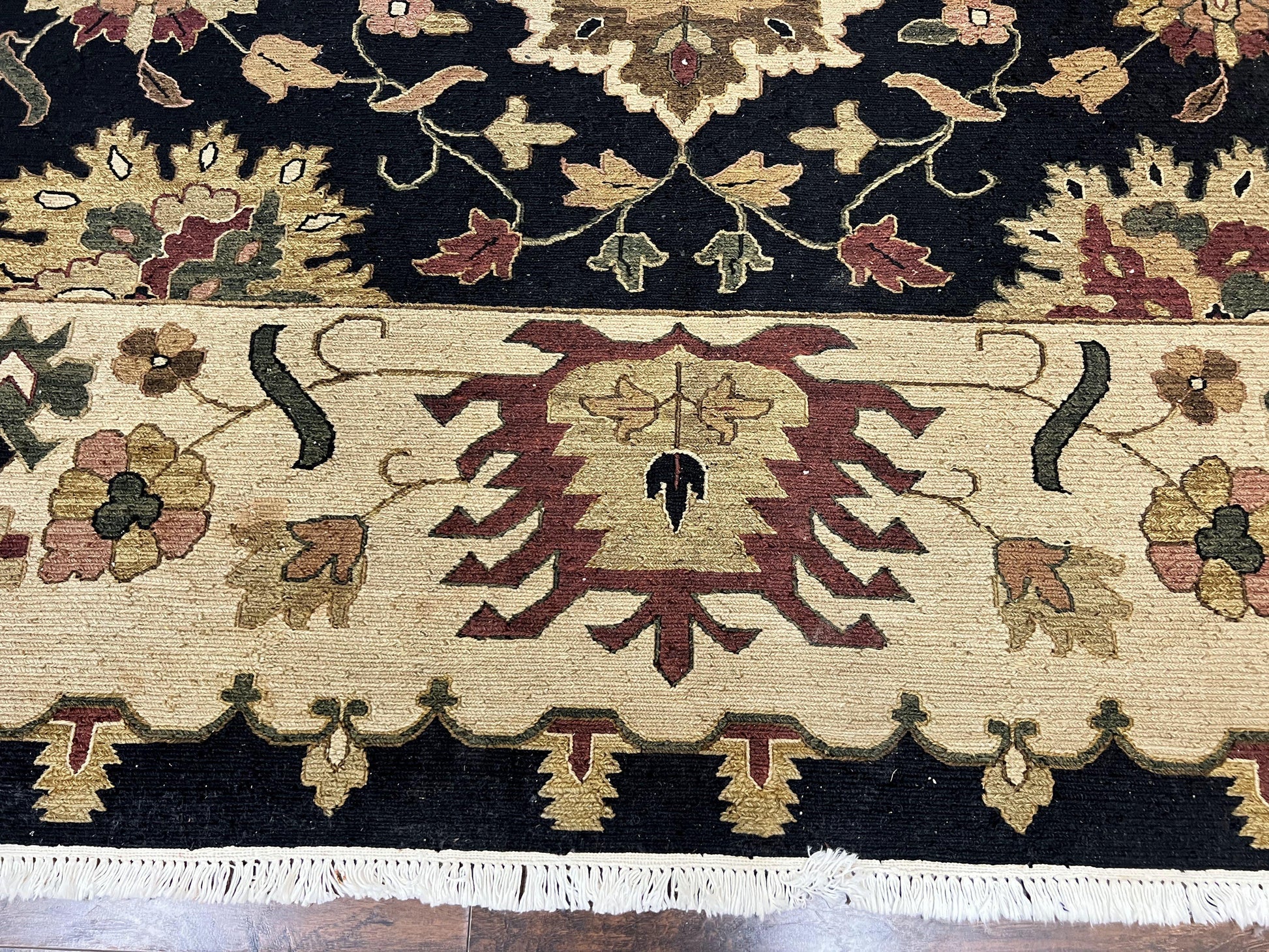 Indo Persian Rug 10x14, Wool Handmade Room Sized Floral Oriental Carpet, Indian Mahal Flatweave Rug, Black Beige - Nuvé