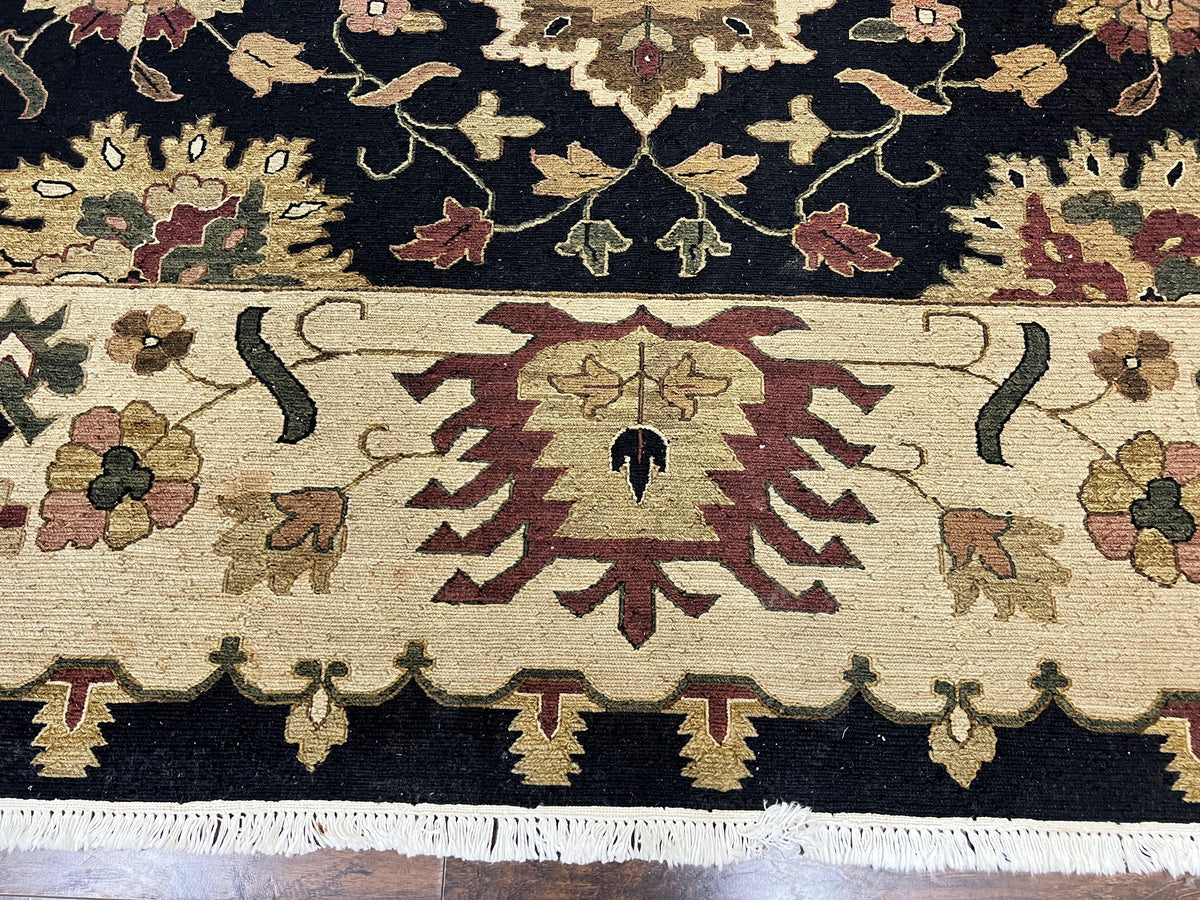 Handmade Indo Persian wool rug, 10x14 floral oriental carpet in black and beige, Jewel Rugs, Indian Mahal flatweave design.
