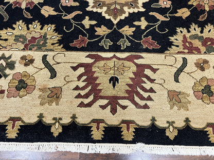 Handmade Indo Persian wool rug, 10x14 floral oriental carpet in black and beige, Jewel Rugs, Indian Mahal flatweave design.
