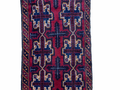 2' 7" X 4' 6" Vintage Handmade Tribal Wool Rug Balouchi Rug Afghan Rug Red Blue - Nuvé