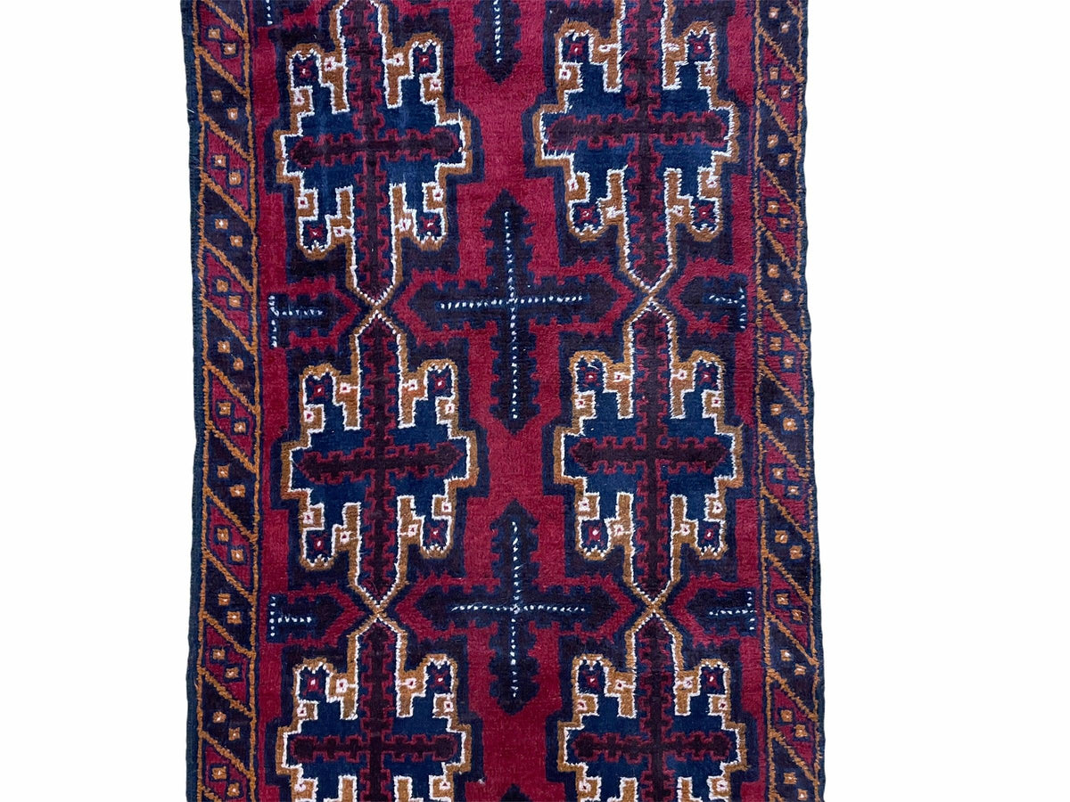 2' 7" X 4' 6" Vintage Handmade Tribal Wool Rug Balouchi Rug Afghan Rug Red Blue