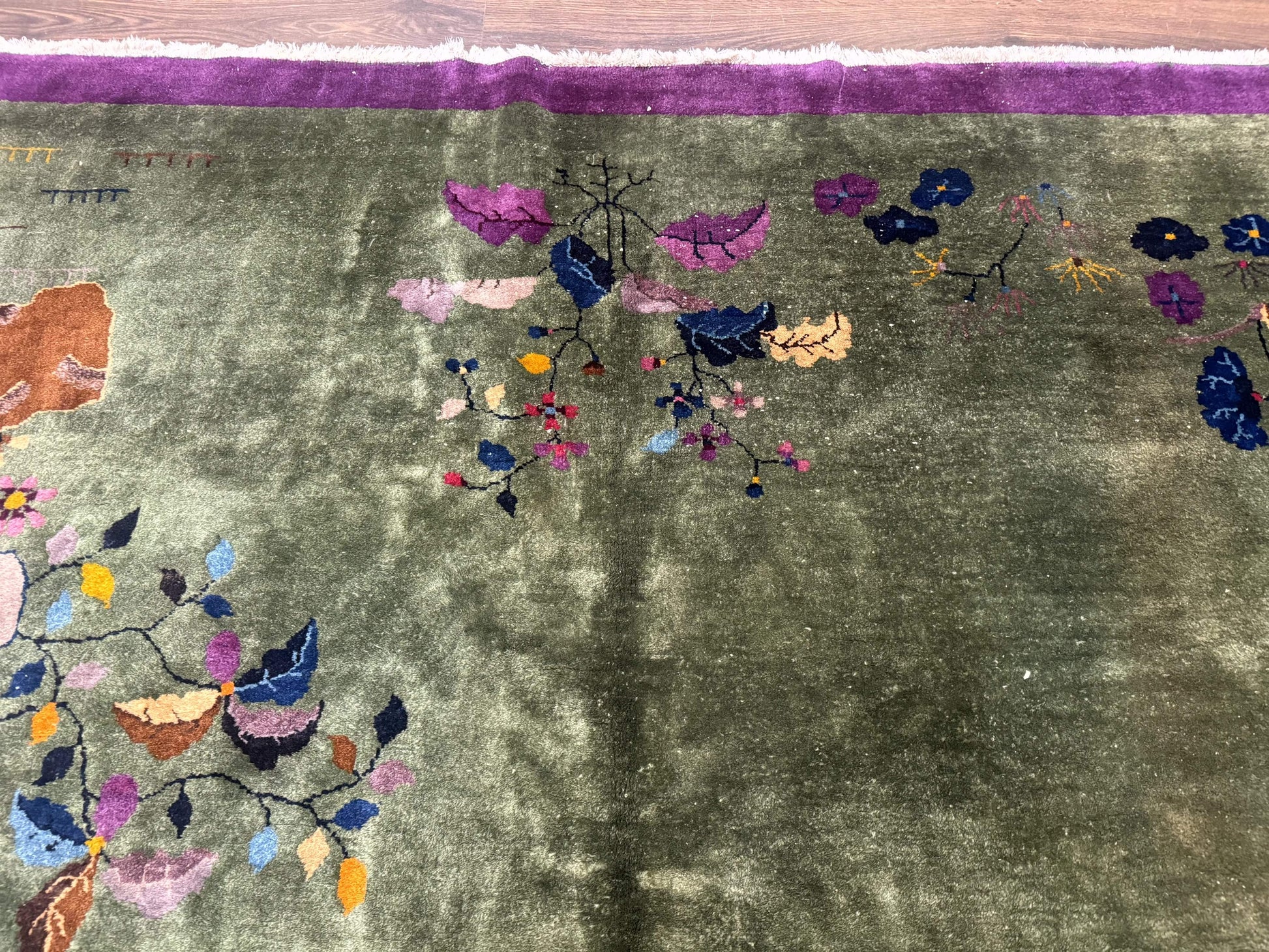 Antique Chinese Nichols Rug 9x12 - Rare Green and Purple Art Deco Carpet - Nuvé