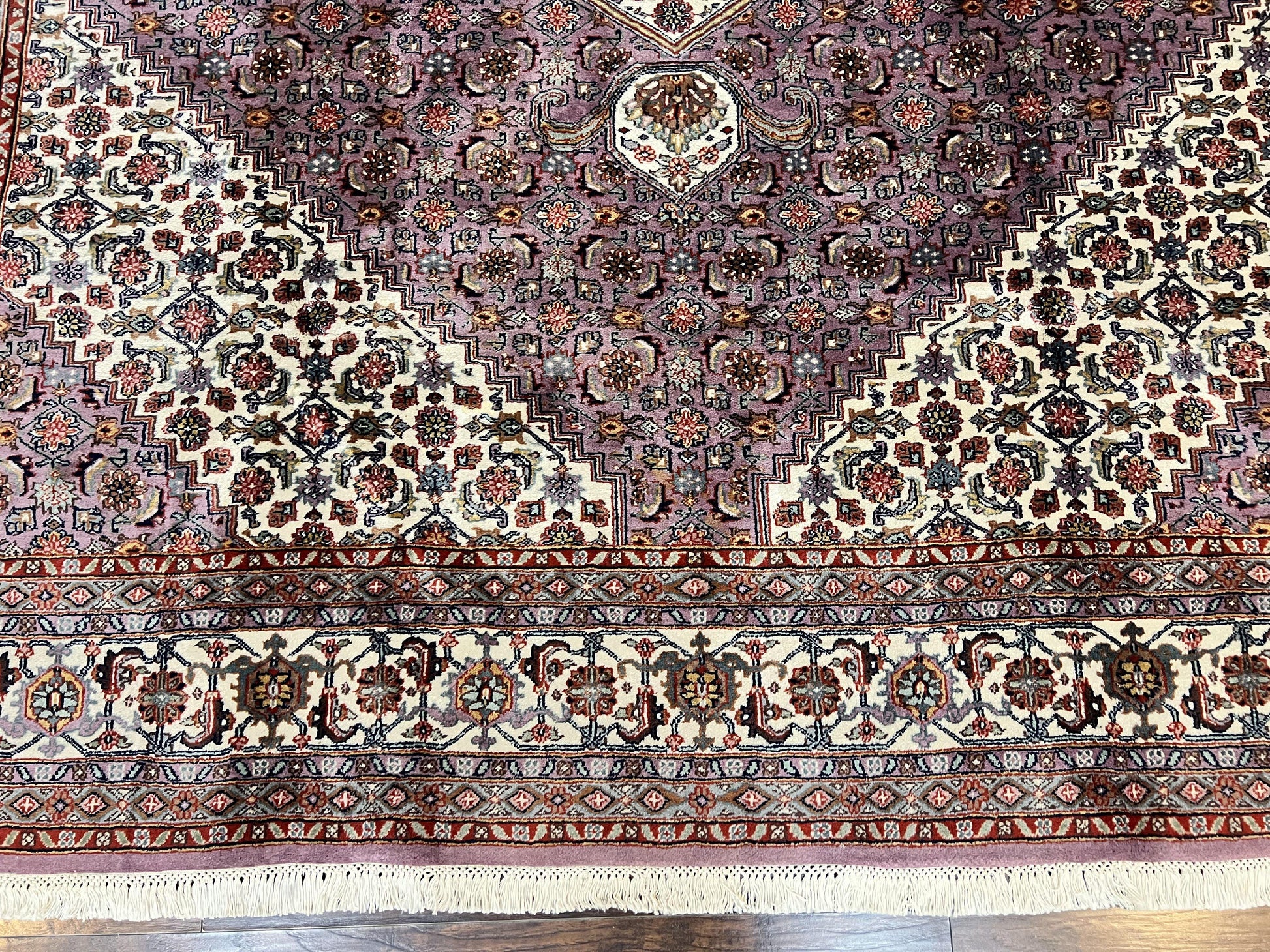 Indo Persian Bidjar Rug 8x10, Purple and Ivory Hand Knotted Wool Vintage Oriental Carpet, Herati Mahi Pattern, 8 x 10 Traditional Fine Rug - Nuvé