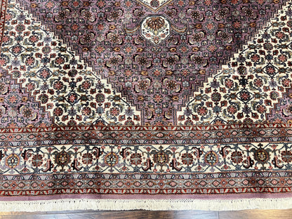 Indo Persian Bidjar Rug 8x10, Purple and Ivory Hand Knotted Wool Vintage Oriental Carpet, Herati Mahi Pattern, 8 x 10 Traditional Fine Rug - Nuvé