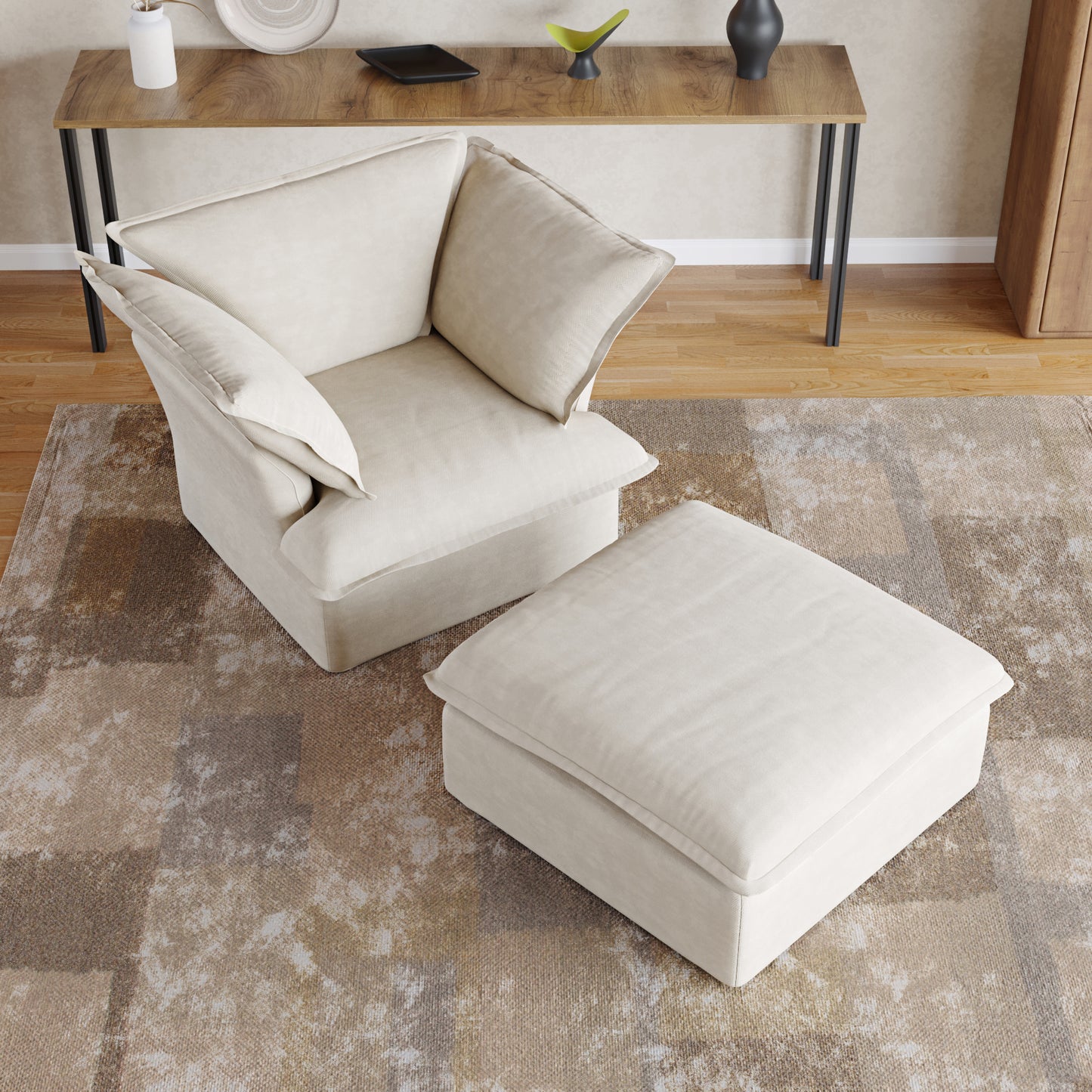Sabi Modular Boucle Cloud Sofa- Beige - Single Seater Sofa with Ottoman - Nuvé
