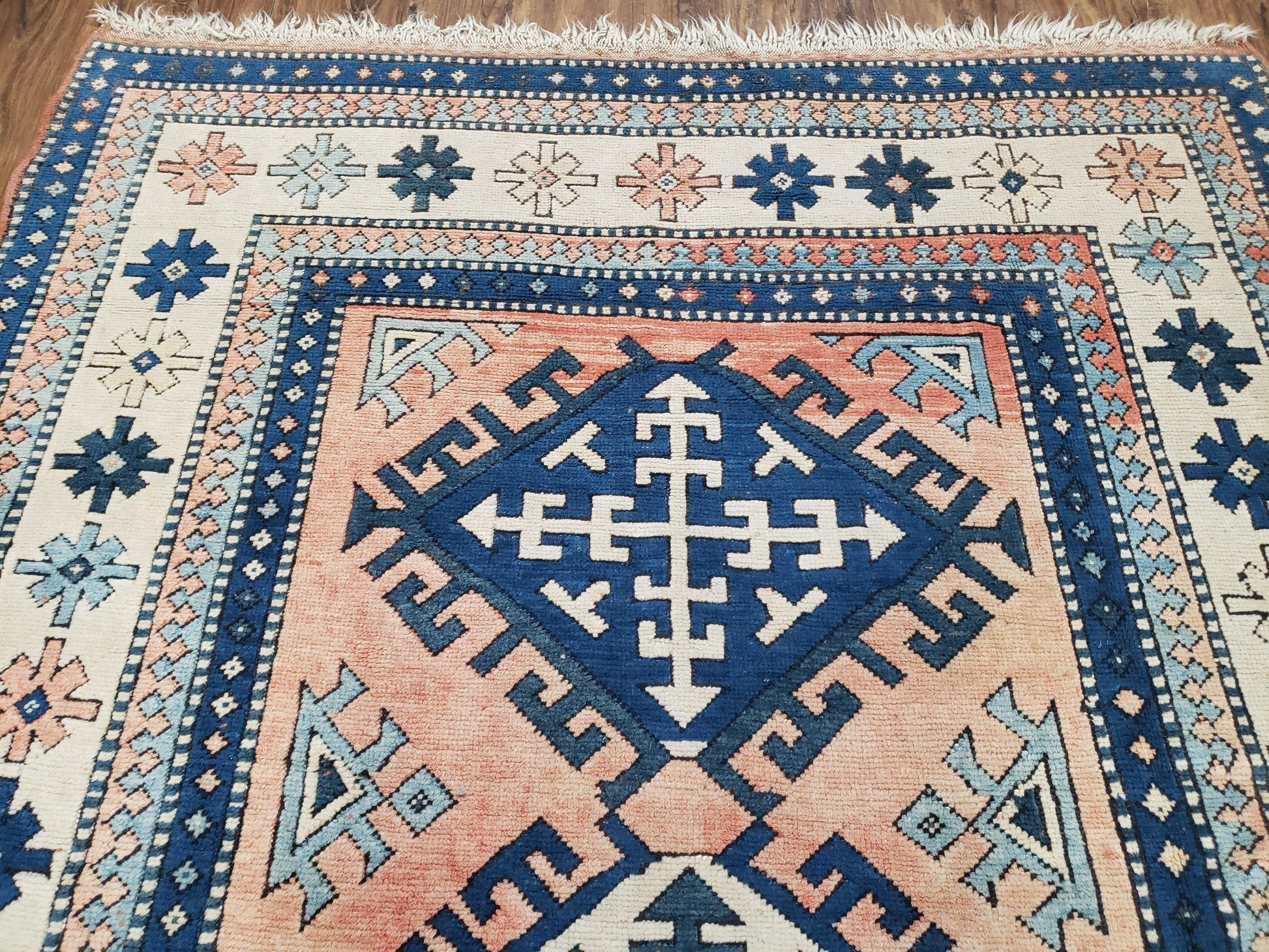 Turkish Kazak Rug 5x8 ft, Bold Geometric Bohemian Carpet, Blue and Ivory Hand Knotted Area Rug, Medium Sized High Quality Wool Oriental Rug - Nuvé