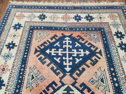 Turkish Kazak Rug 5x8 ft, Bold Geometric Bohemian Carpet, Blue and Ivory Hand Knotted Area Rug, Medium Sized High Quality Wool Oriental Rug - Nuvé