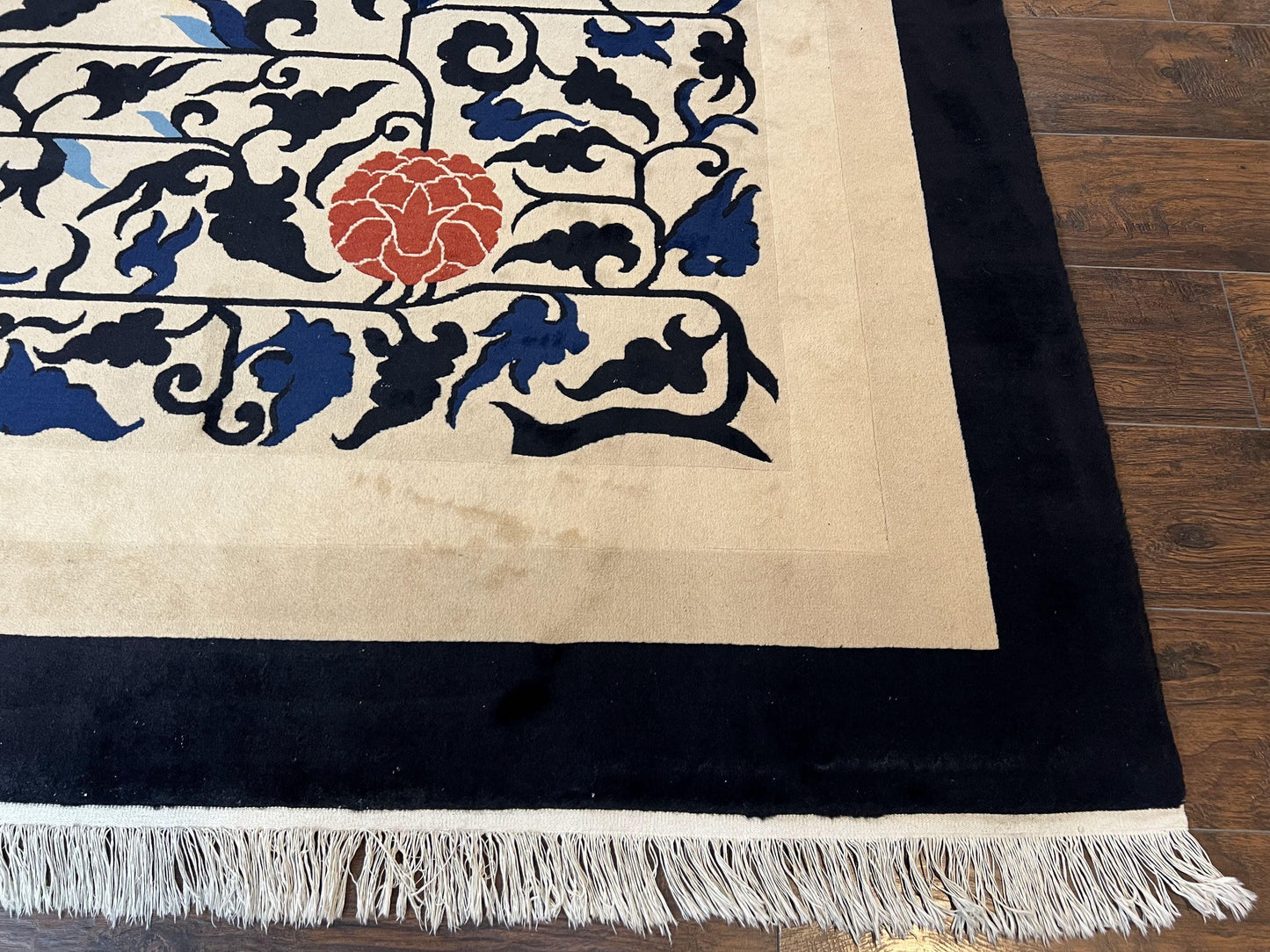 Antique Chinese Peking Rug 10x14, Beige Black, Handmade Wool Art Deco Carpet - Nuvé